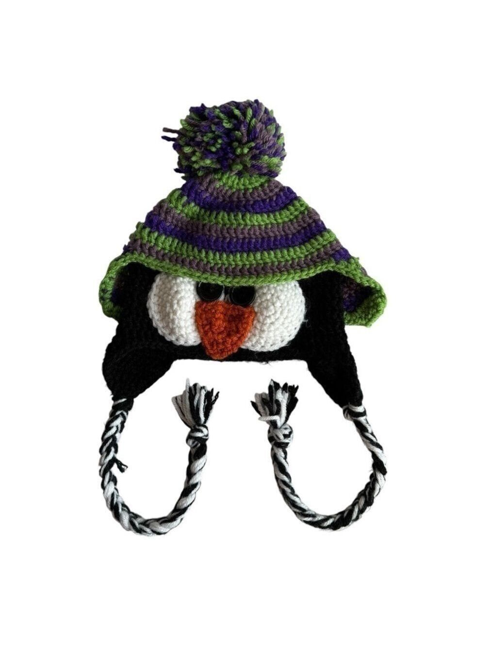 Handmade Knit Penguin Toque Toddler Sized Winter Hat Ear Flaps Pompom Cute! EUC